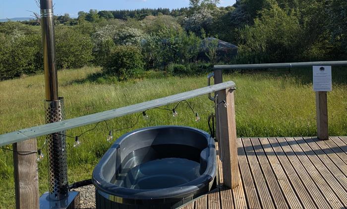 Grey fibreglass wood fired hot tub off wood deck, with chrome safety handles on posts, stove with chimney to left of photo. Wildflower meadow and tree